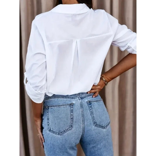 New Summer Plus Size 1XL-8XL Women's Long Sleeved V-neck Button Up Shirt Casual Solid Color Top Fashion Loose Casual Blouse