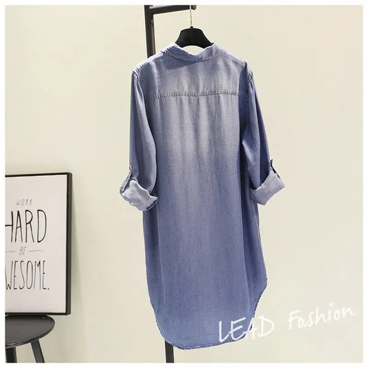 Fashion Women's Clothing Shirt Medium Long Containing Cotton Shirt Loose Fit Long Sleeve Double Pocket Rolled Sleeve Thin Blouse