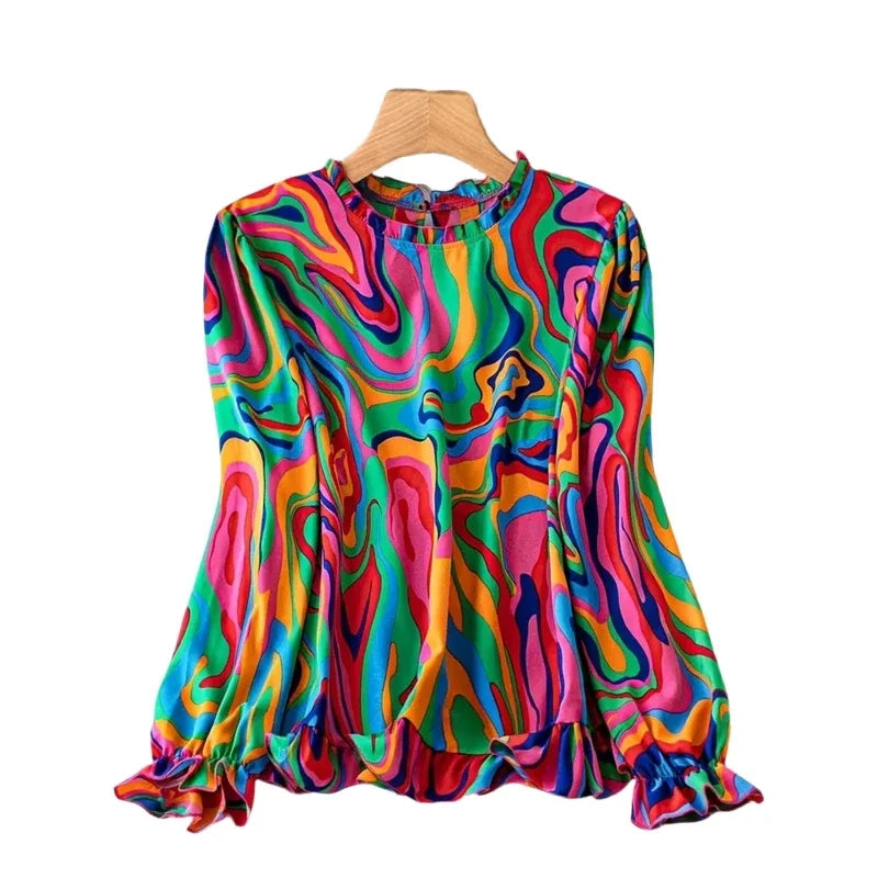 Plus Size 1XL-5XL Women Fashion Round Neck Long Sleeve Print Blouse Shirts Ladies Casual Boho Blouse Shirt Top