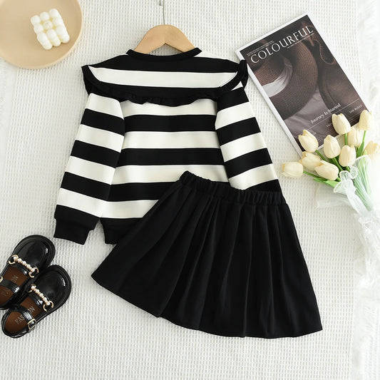 Bear Leader Children's Set Autumn Girl's Clothing Black and White Striped Long Sleeved Top+black Pleated Skirt 2-piece Sets
