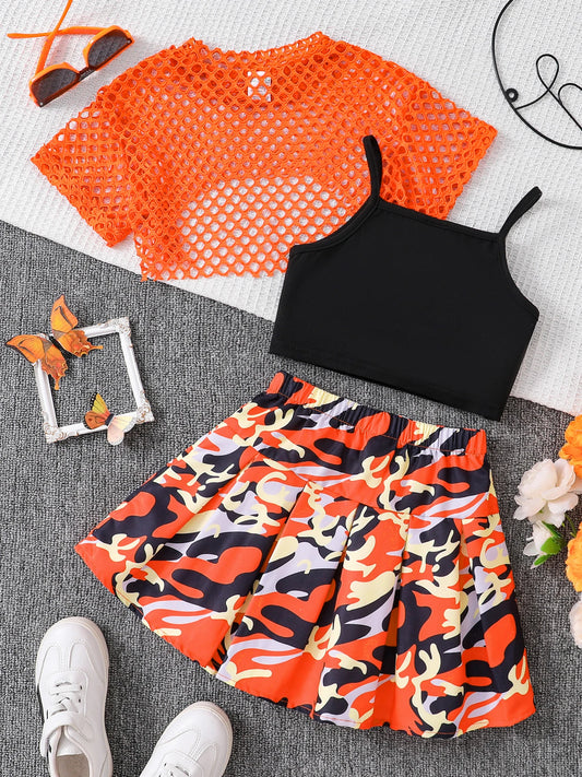 Summer girl fashion three-piece set, cool and breathable mesh short-sleeved T-shirt butterfly print spaghetti strap short skirt