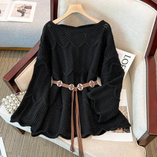 Slimming Knitted Sweater Long Sleeve Pure Color Belted Waist Design Fashionable Anti-Aging Large Size Women's Clothing