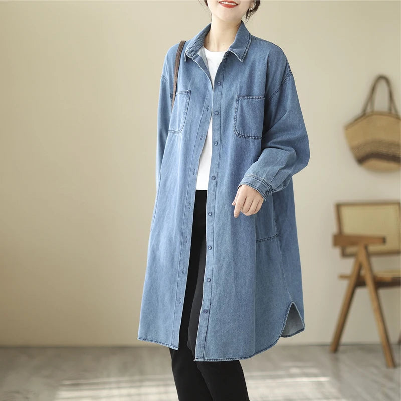 Spring Autumn Loose Large Size Faionable Cotton Denim irt Women's Mid-Length Sve Long Outerwear Trendy Button ket