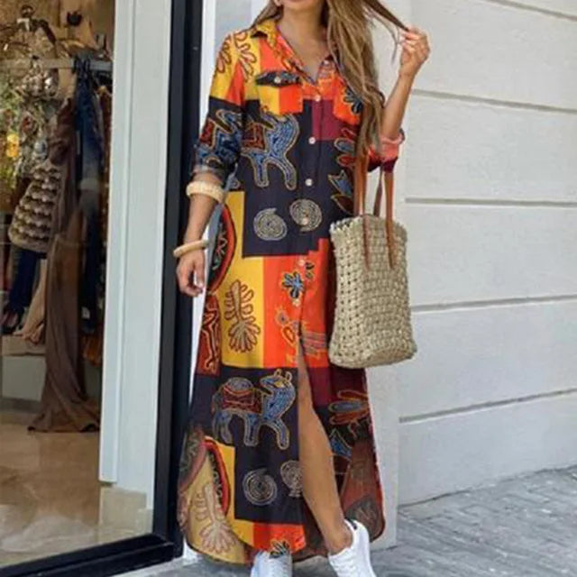 New Autumn Long Dress Long Sleeve Shirt Dress Women Denim Long Dresses Pocket Button Shirt Print Dress Casual Loose Dresses 2023