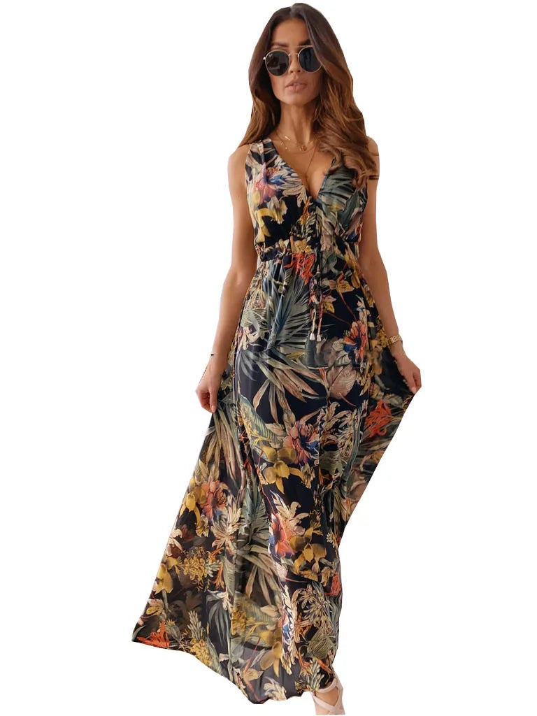 Women Tie-Up Backless Party Beach Dress Sexy V Neck Boho Long Dresses Summer Elegant Print Sleeveless Lady Maxi Dress Vestidos