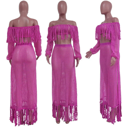Fringed Tassel 2 Piece Sets Women Outfit Beach Wear Vacation Knitted Crochet Hollow Out See Through Crop Top and Long Skirt Sets