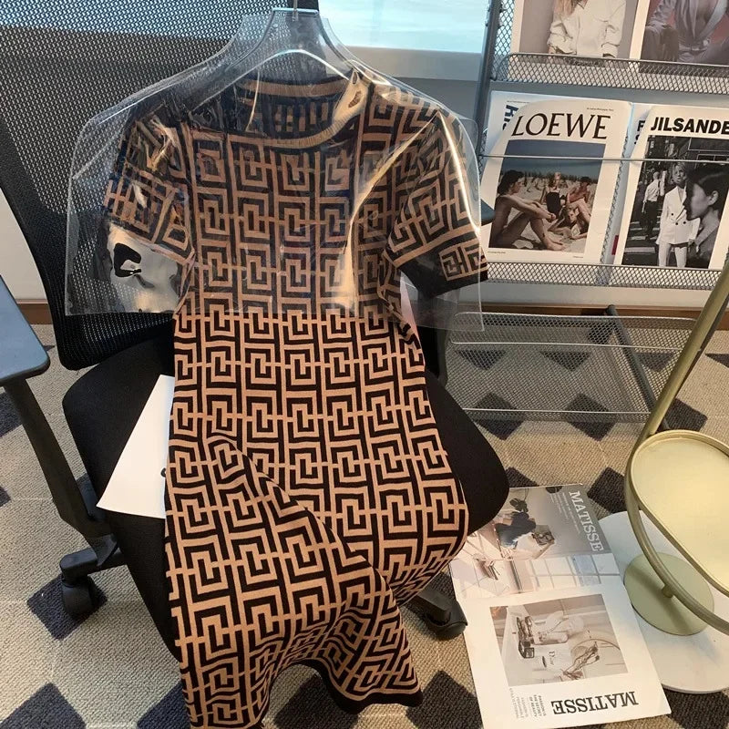 Summer Slimming Ice Silk Knitted Dress French Style Waist Cinched Short Sleeve Embroidered Knee Length Women's Fashion