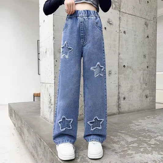 2-12 Years Spring Autumn Girls Jeans Pentagram Decoration Long Denim Pants For Kids Children Outdoor Wear Straight Trousers