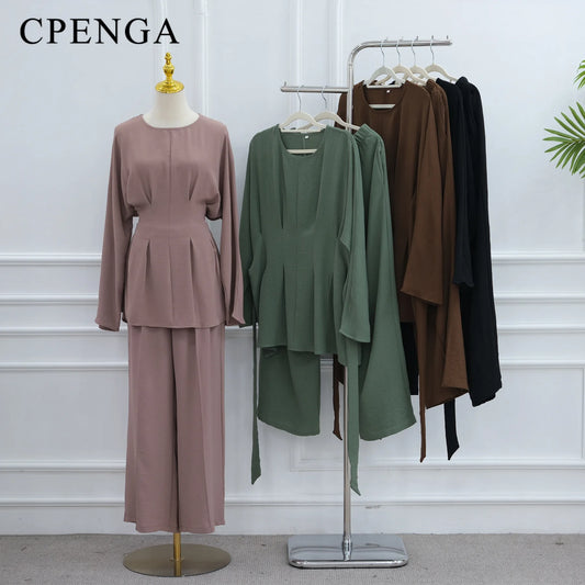 Two-piece Muslim Clothing Set for Women Elegant Arabic Dubai Abaya Islamic Modest Outfit Eid Middle Eastern Top and Pant Suit