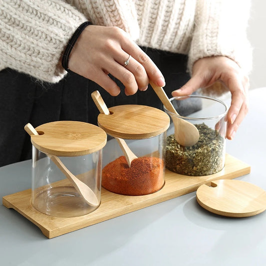 3Pcs Condiment Jars Set Clear Glass Bamboo Lid Spice Jar with Spoon Kitchen Sugar Salt Spices Storage Box Household Container