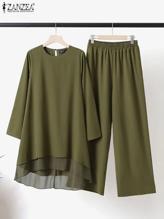 Women Two Piece Sets Outifits Fashion Tracksuit Muslim Long Sleeve Blouse Pant Sets Casual Solid Matching Sets 2PCS