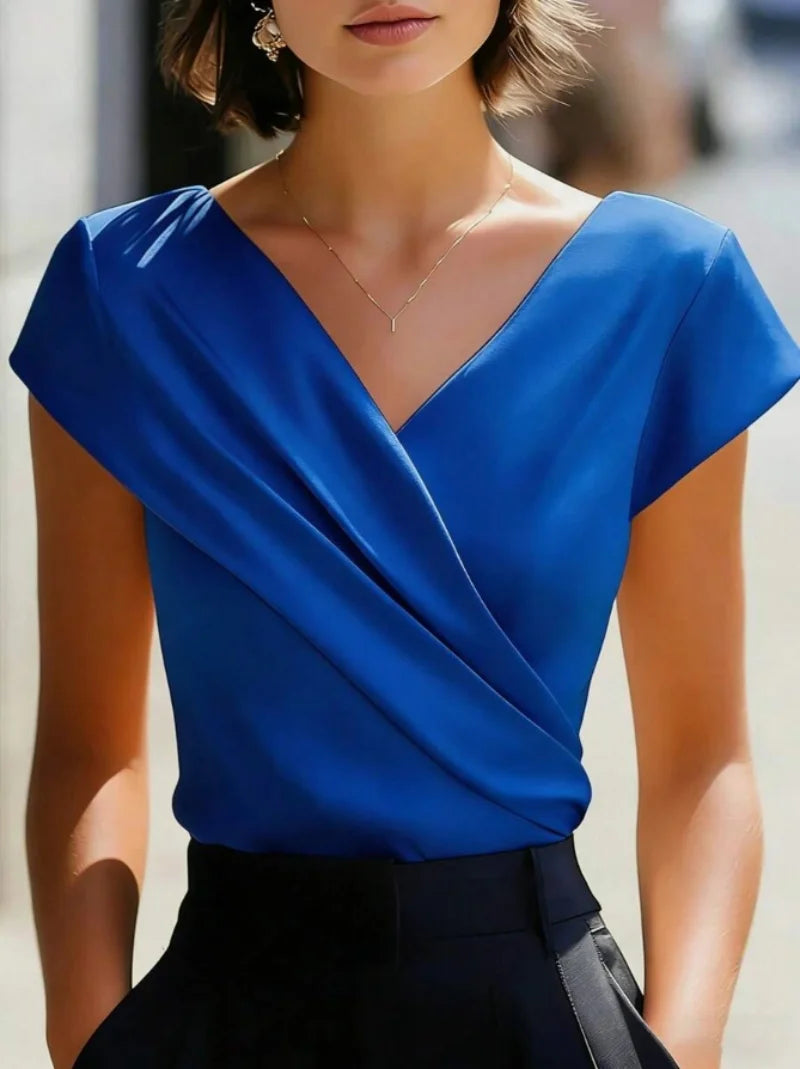 Elegant Satin V Neck Wrap Blouse for Women Short Sleeve Office Work Casual Tops