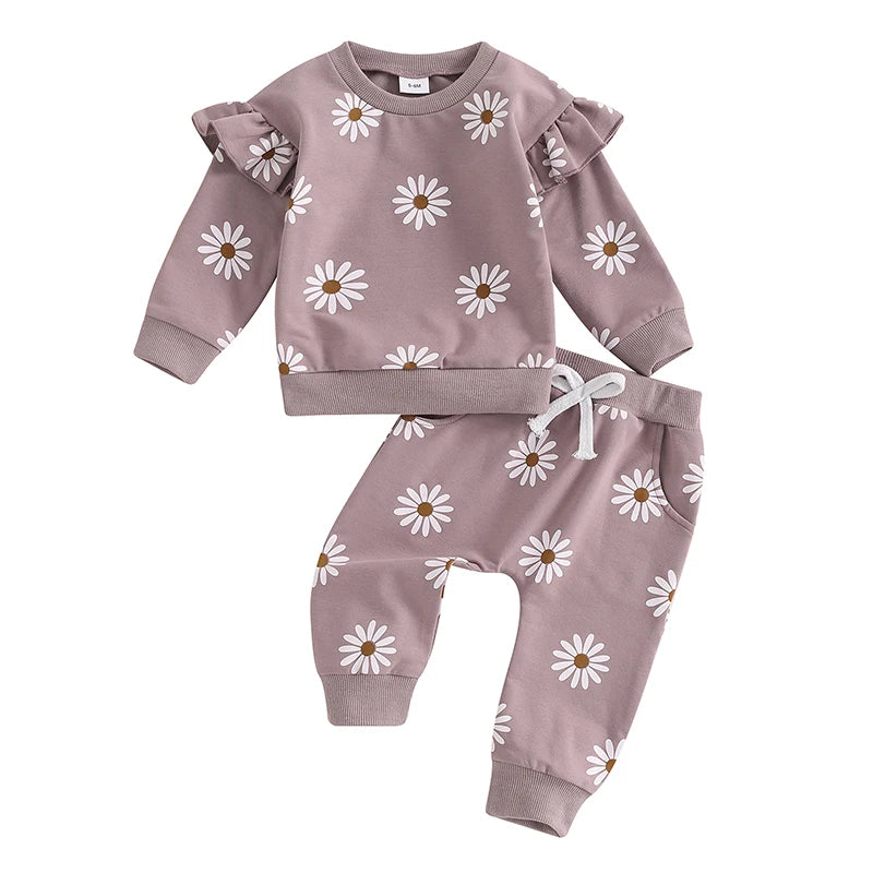 Pudcoco Toddler Newborn Baby Girl Fall Outfit Daisy Print Long Sleeve Sweatshirt with Elastic Waist Pants 2 Pcs Set 0-3T