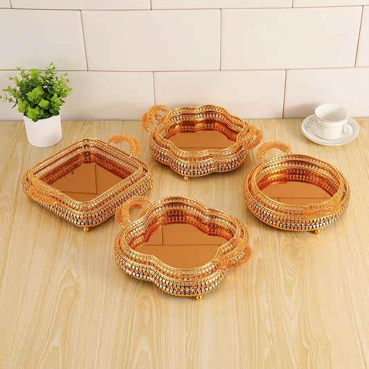 2Pcs European high-end tray gold hollow hotel household fruit plate wrought iron size set snack storage basket