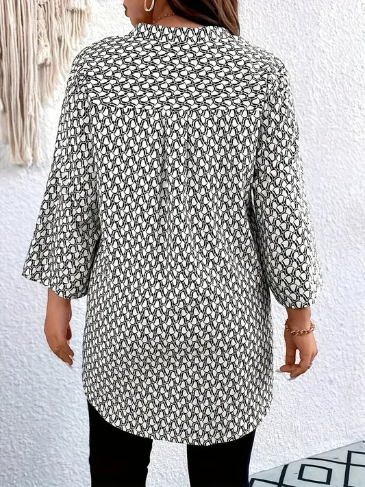 Plus Size 1XL-5XL Notch Neck Blouse Women's All Over Print Blouse For Spring & Fall Women's Plus Size Casual 3/4 Sleeve Clothing