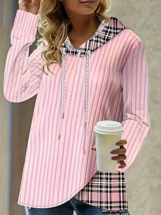 Plus Size 1XL-5XL Women Casual Hoodie Sweatshirt Pullover Long Sleeve Drawstring HoodieWomen's Colorblock Plaid Print