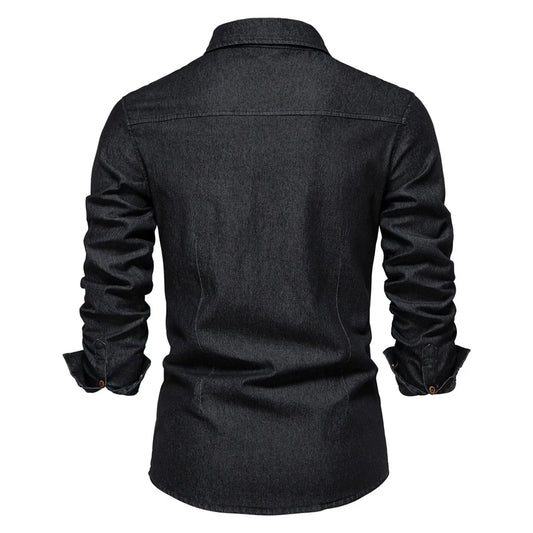 Elastic Cotton Denim Shirt High Quality Men Long Sleeve Solid Color Pocket Shirts for Men Casual Slim Fit Mens Designer Clothing