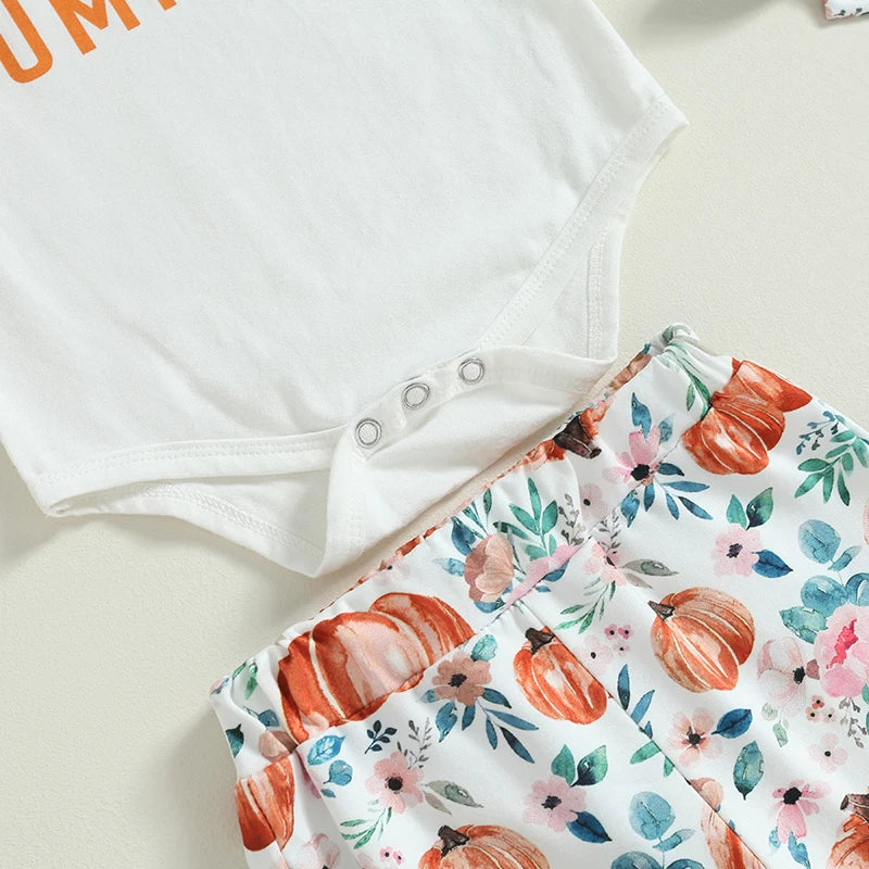 Citgeett Summer Halloween Infant Baby Girls Clothes Letter Print Short Sleeves Romper and Pumpkin Print Flare Pants Headband