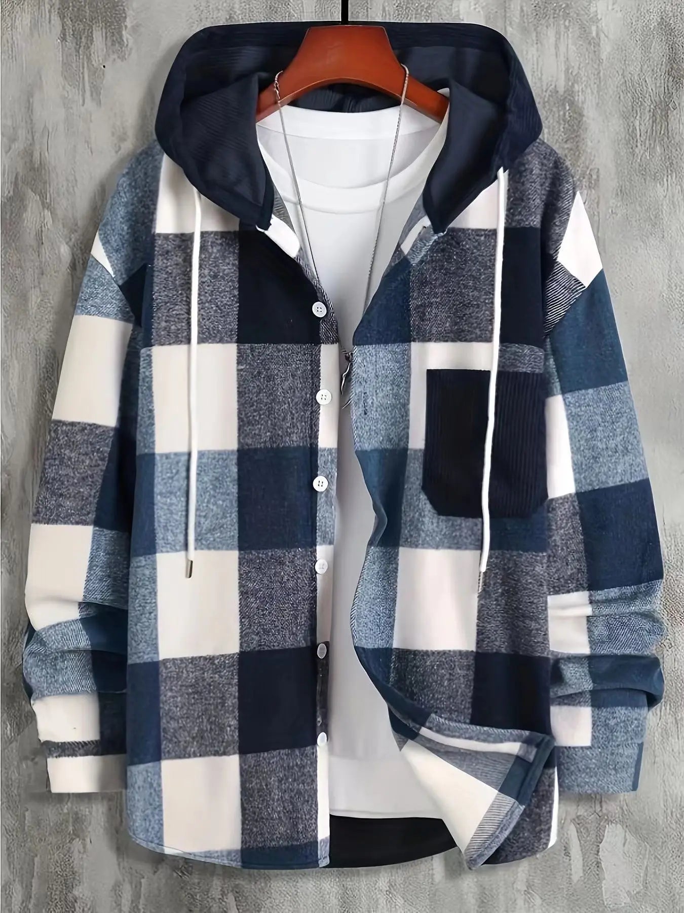 2024 Autumn/Winter New Wish Amazon Men's Hooded Shirt with Grid Pocket, Long Sleeve, Thickened Shirt Top