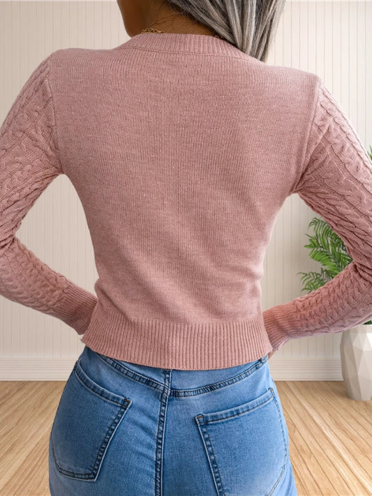 Womens' Fall Winter Cut Out Front Cable Knit Long Sleeve Crop Sweater