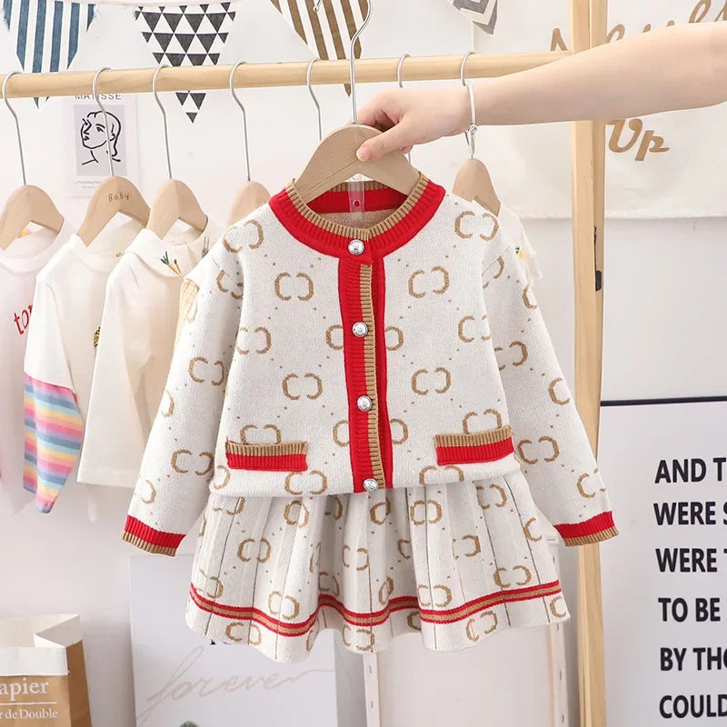 Children's Sweaters Knit Cardigan Top + Pleated Skirt 2pcs Sets Kids Clothes Girls Knitted Sweater Winter Clothes for Girls