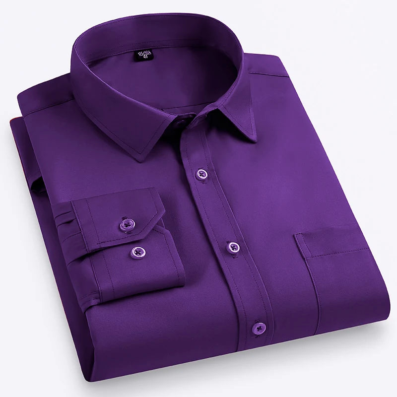 Plus Size M-7XL Elasticity Shirt Men Long Sleeve Slim Fit Casual Solid Color Luxury Shirt Social Formal Dress Shirts Man Clothes
