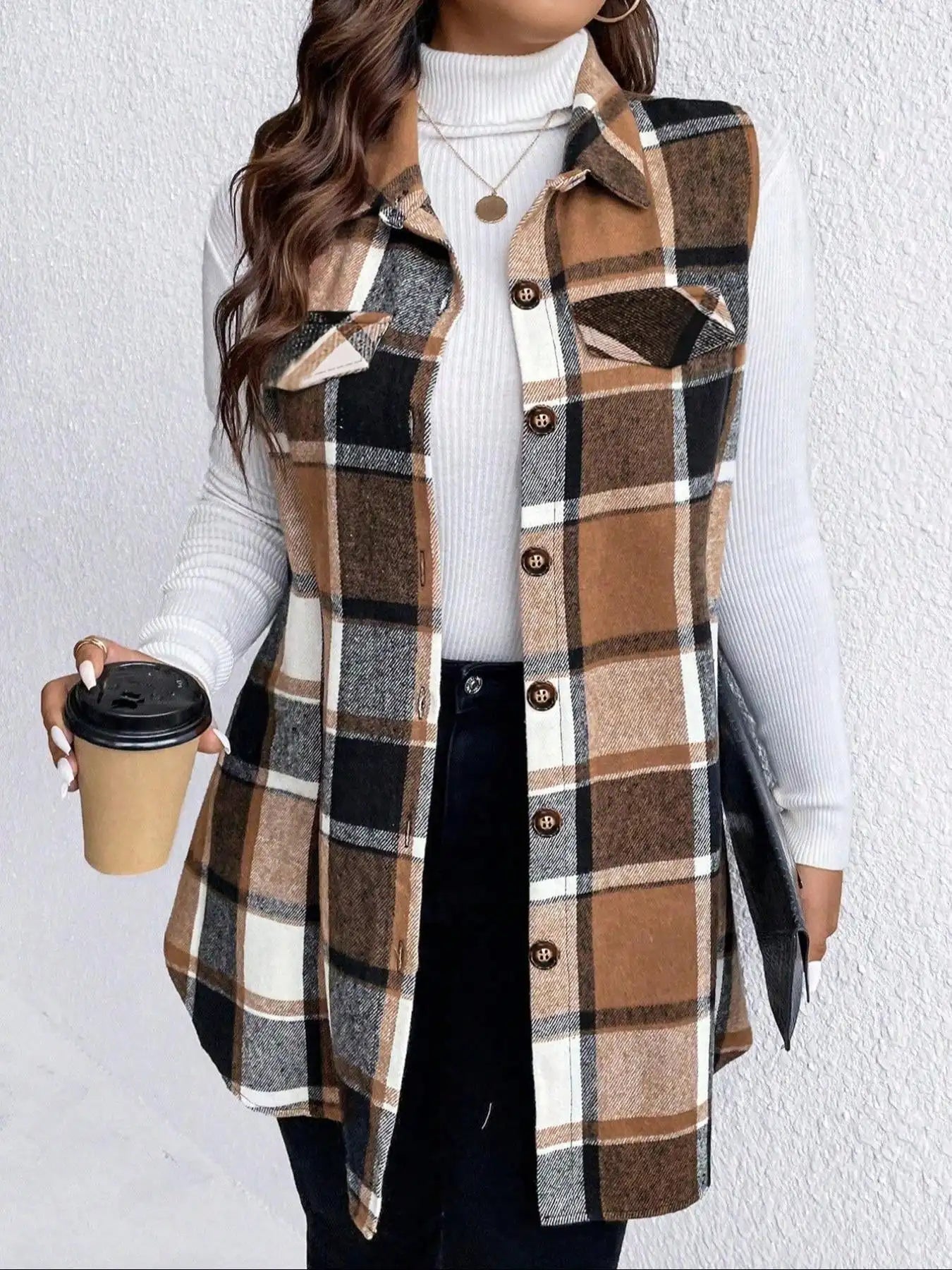 Women Plus Size 1XL-5XL Plaid Print Flap Detail Sleeveless Coat Ladies Fashion Sleeveless Thick Thermal Vest Women Outwear