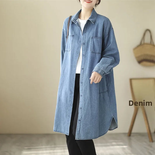 Spring Autumn Loose Large Size Faionable Cotton Denim irt Women's Mid-Length Sve Long Outerwear Trendy Button ket