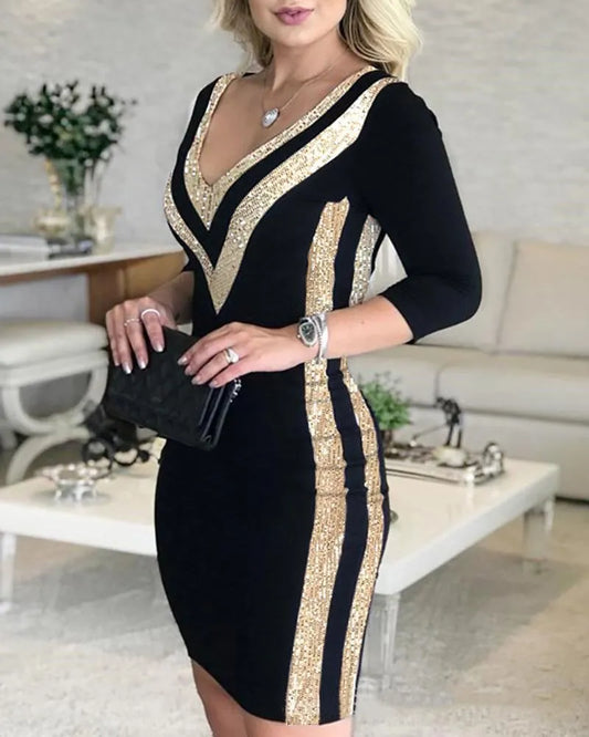 Elegant V-Neck Bodycon Dress for Women, Sexy Tight Fitting Party Dress, Slim Fit Clubwear, Evening Gown