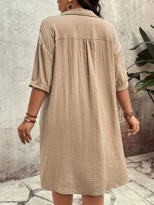 plus Size Casual Loose Women's Shirt Dress with Button-Up Collar Short Sleeve Commute Straight Cut Outdoor Dress