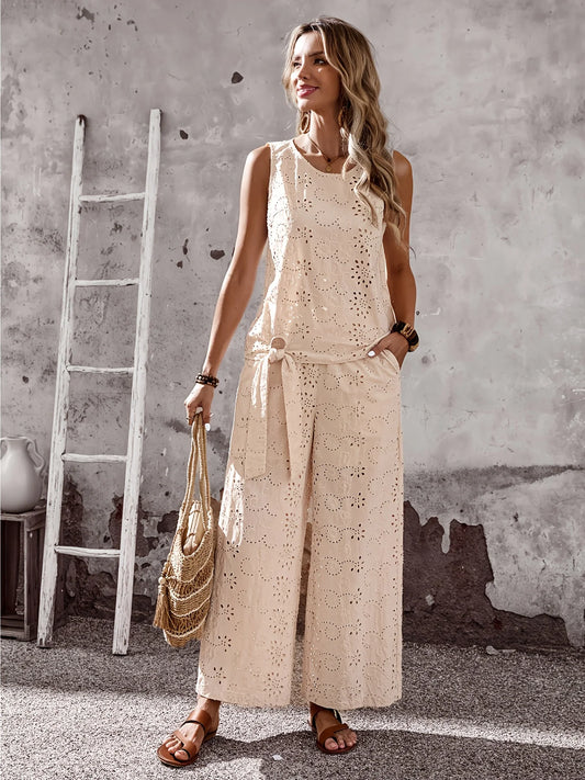 Women's Eyelet Embroidery Two Piece Outfit Sleeveless Round Neck Tie Waist Top Wide Leg Pants Set Casual Boho Beachwear