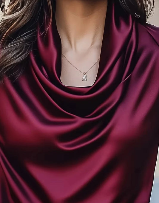 Women's Satin Cowl Neck Short Sleeve Blouse - Smooth Silk-Like Fabric Elegant Draped Neckline Top for Office & Evening Wear