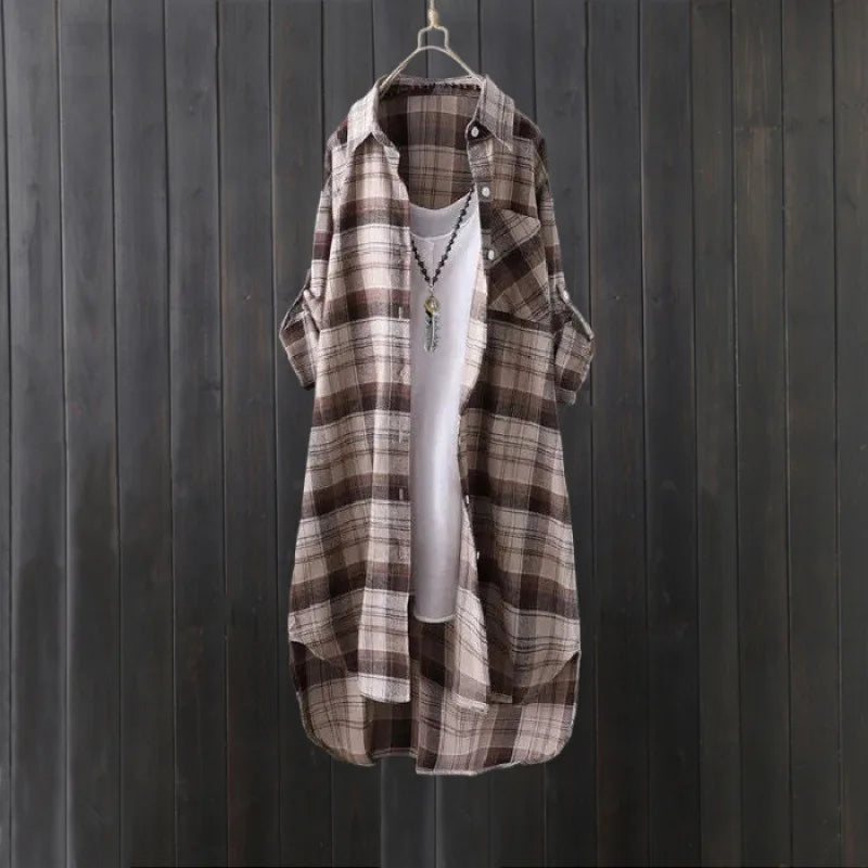 Plaid shirt women's long spring and autumn thin coat Western style long-sleeved shirt loose butt-covering cotton and linen top