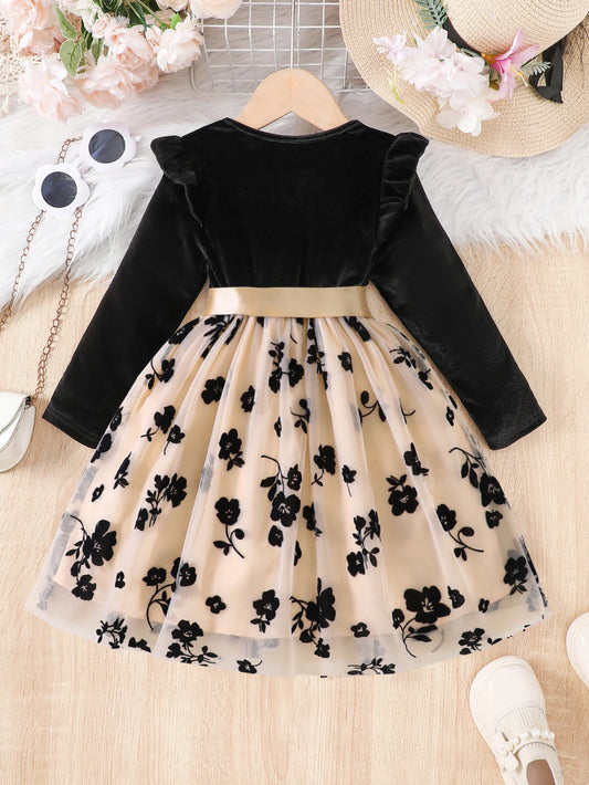 Girls Casual Long Sleeve Velvet Flying Sleeve Ruffled Flower Flocked Mesh Dress Princess Dress Holiday Party Gift with Ribbon