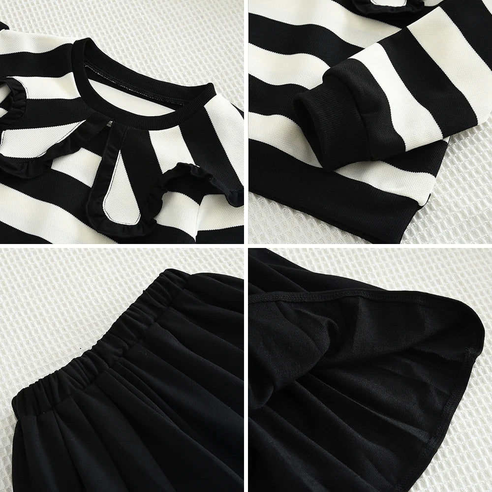 Bear Leader Children's Set Autumn Girl's Clothing Black and White Striped Long Sleeved Top+black Pleated Skirt 2-piece Sets