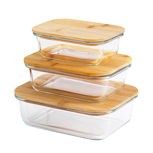 Glass Fresh-Keeping Box High Borosilicate Bamboo Lid Microwave Oven Lunch Box Sealed Leakproof Food Storage Containers Office
