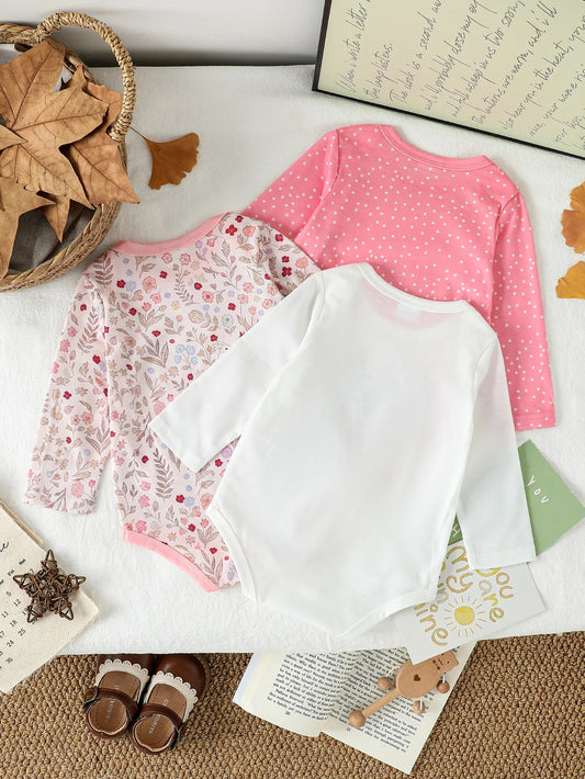 3Pces Autumn Long Sleeve Baby Bodysuit Girl Clothes New Print Floral Clothing Jumpsuit Cartoon Infant Outfits Casual