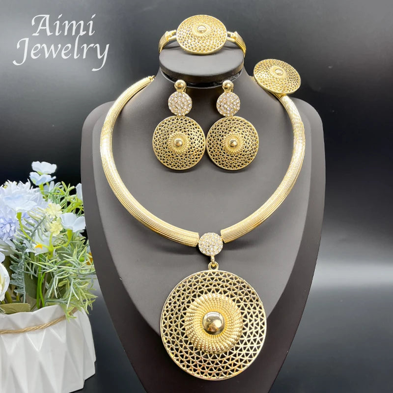 Large Round Pendant 18K Gold Plated Jewelry Set for Women Necklace Earrings Bracelet Ring African Bridal Wedding Party Gifts