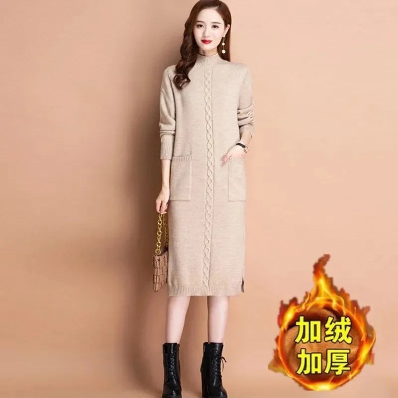 Autumn Winter Women Knit Dress New Long Sleeve Party Midi Dress Ladies Half High Collar Loose Elegant Knitted Sweater Dresses