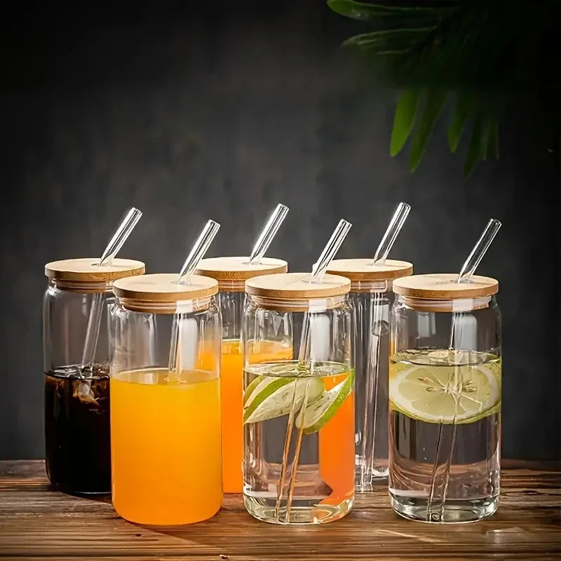6pcs 18.6oz/550ml Drinking Glasses with Bamboo Lids and Glass Straw - Glass Cups Beer Ice Coffee Glasses Cute Aesthetic Cup Grea