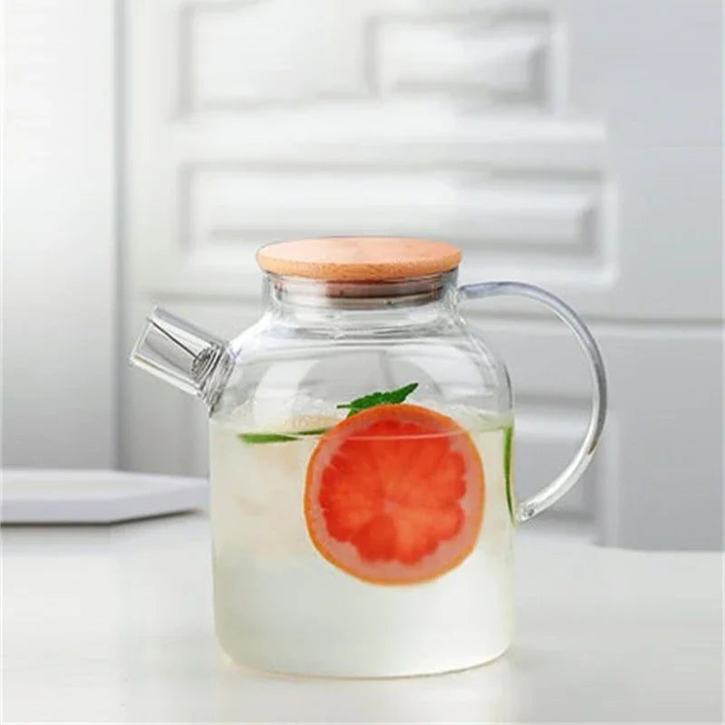 Glass Teapot with Bamboo Lid Transparent Heat-Resistant Thicken Glass Pitcher Cold Water Jug Household Puer Kettle Tea Pot