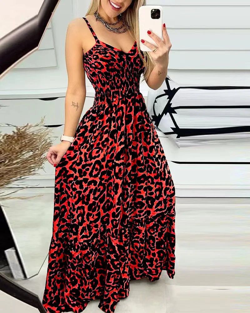 Summer new leopard print camisole V-neck dress high waisted skirt sexy temperament long skirt women's clothing plus size