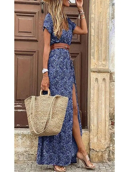 Elegant Floral Pleated H shaped Midi Dress Female V Neck Puff Sleeve Waist Ruched Button Dresses Women Summer Dress Robe