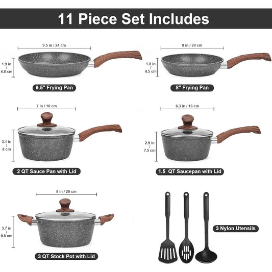 Granite Pots and Pans Set Non Stick 11 Piece DieCast Induction Cookware Set for Home Kitchen Cooking Includes Frying Pans and S