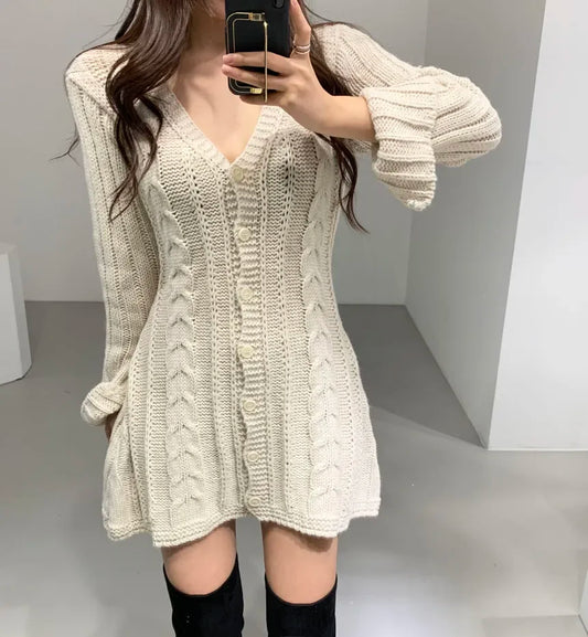 Sweater Dress for Women Long Sleeve Cable Knit Button Down Knitted Mini Dress for Women Teen-girl Fall Winter Chic Outfit