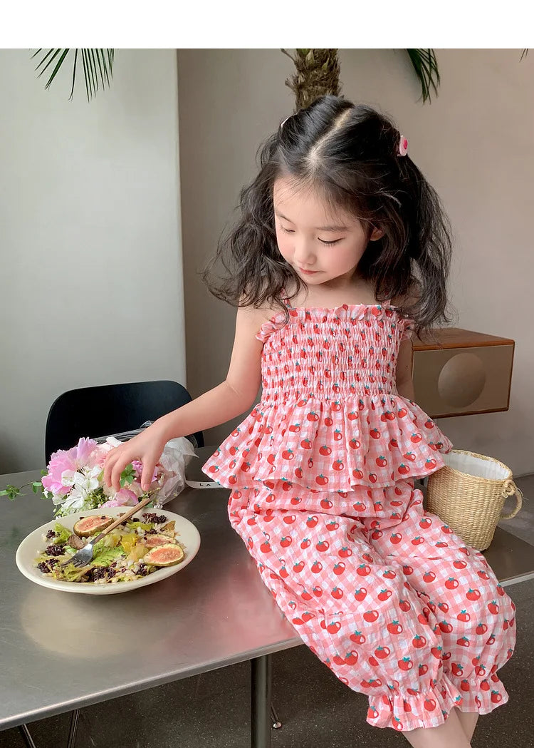 2025 Summer New in Kids Baby Girls Sweet Clothes Set 2pcs Children Pleat Sling Print Top Vest + Cropped Pants , Toddler 2-7Y