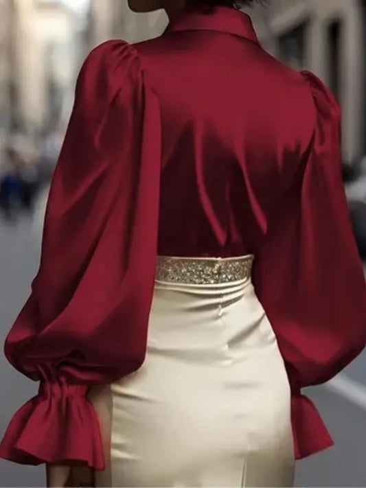 Elegant Satin Blouse with Ruffled Cuff Sleeves and Button-Down Collar - Chic Office & Casual Wear Top
