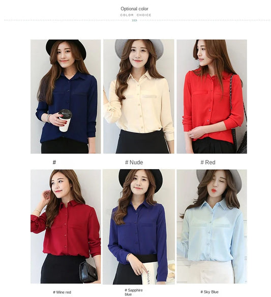 Simple Solid Color Women's Chiffon Shirt 2024 New Spring Ladies Fashion Casual Long Sleeve Shirt Tops Elegant Female Clothes