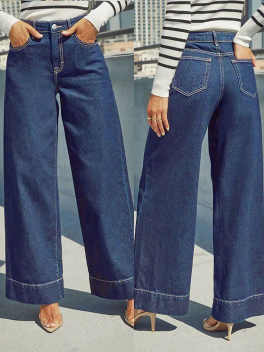 2025 New Summer Women's High Waist Wide Leg Jeans - Classic dark blue washed stretch jeans with button fly for an elegant style.