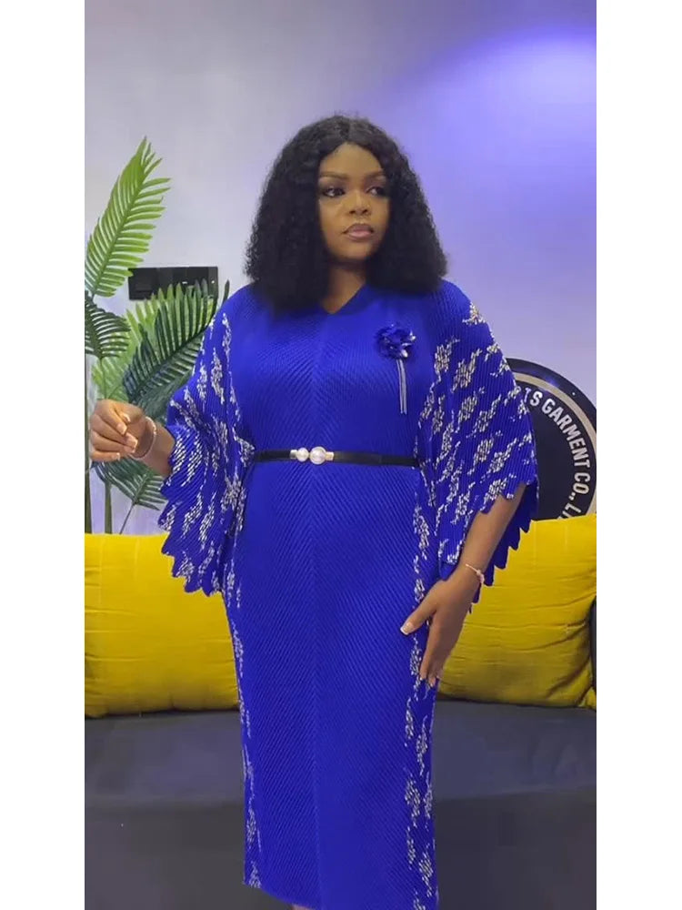 EGRM High-end Pleated Dresses For Women Traditional Clothing Batwing Sleeve V-neck Print Gown Maxi Long Dress 2025 New 7R6192